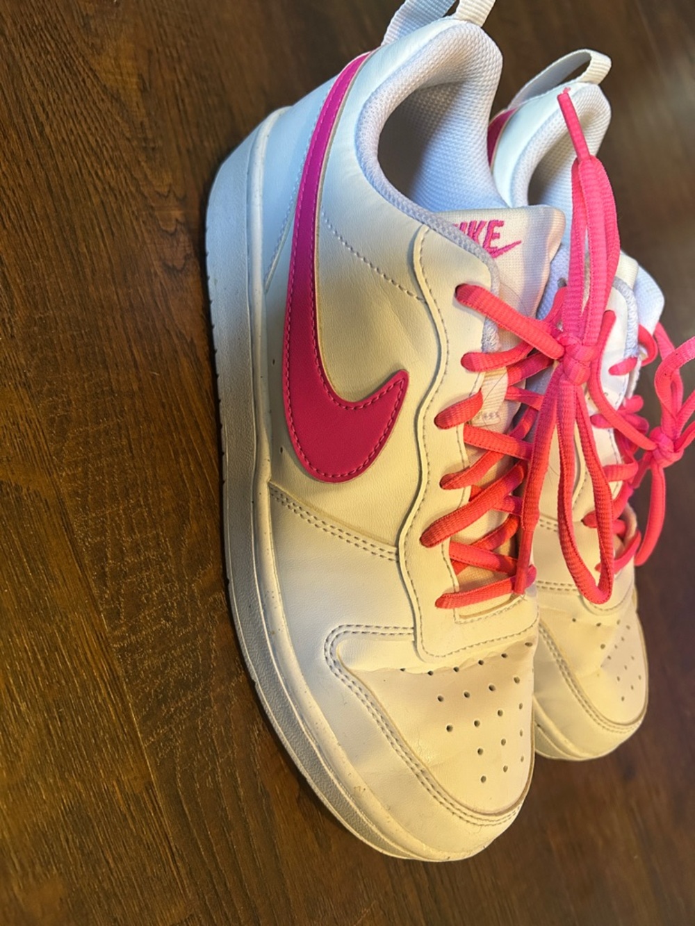 Nike White Sneakers with Pink Swoosh and Pink Laces